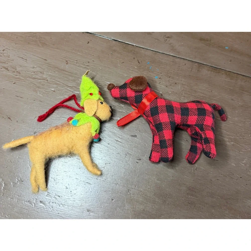 Cabin Christmas Dog Ornaments Buffalo Plaid & Felted Animal Set of 2 5in